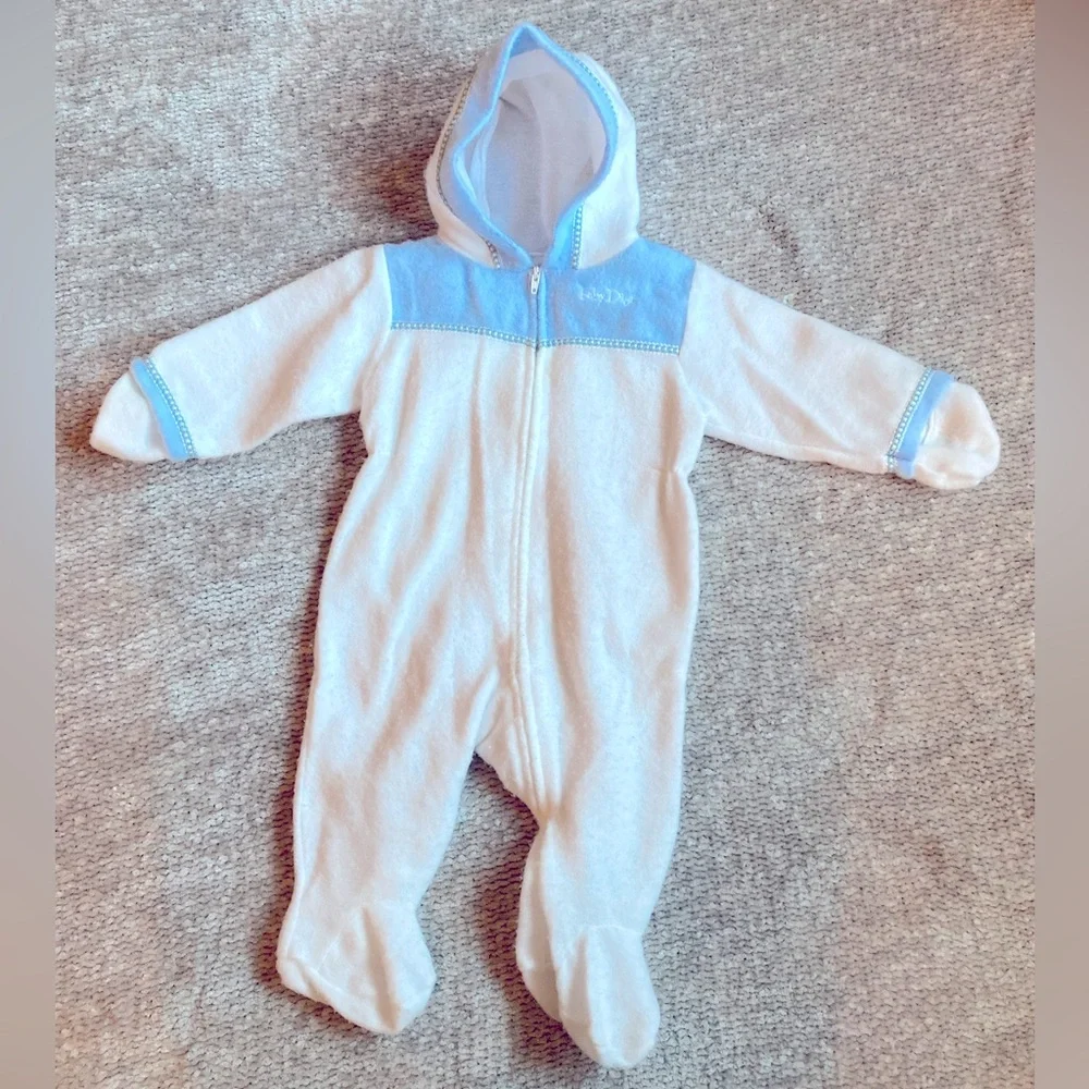 Vintage Baby Dior Infant Hooded Bunting Suit White Blue Fleece‎ OS Rare